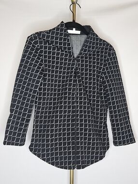 Rayure Paris Geometric Grid Split Neck Long Sleeve Blouse